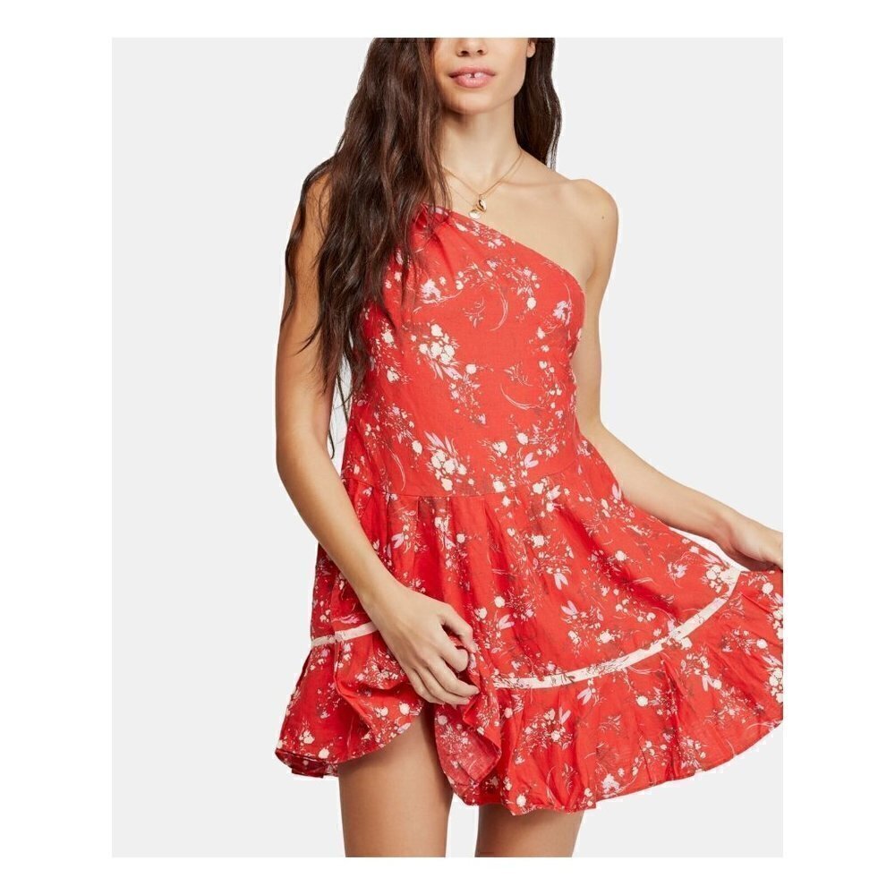 Free People all mine orange linen one shoulder floral ruffle dress size L
